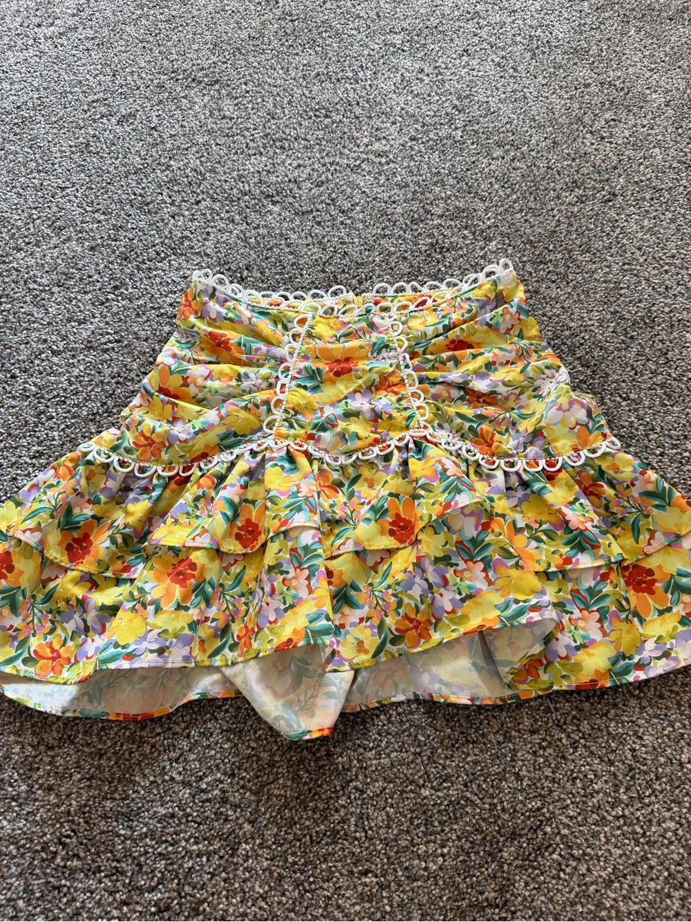 SHEIN Yellow Floral Ruffle Mini Skirt with White Crochet Accents